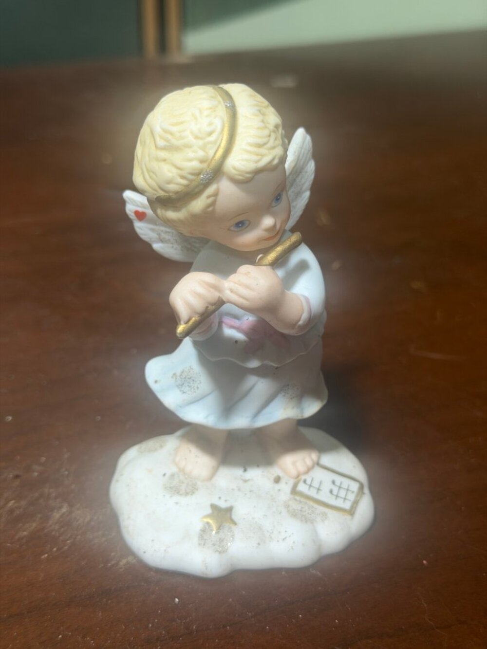 Vintage Porcelain Angel Playing Flute – White & Gold, Marked Base